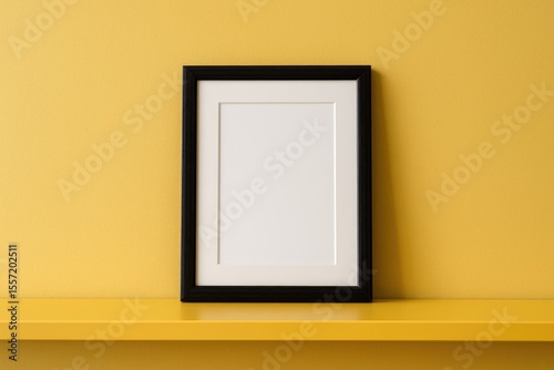 Empty picture frame displayed on a vibrant yellow bookshelf for home decoration mockup.