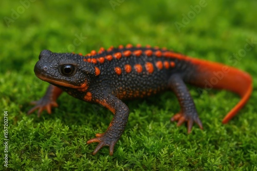 Detailed view of an adult Red-tailed Knobby Newt on lush green moss