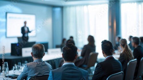 Presenter Presenting on Stage at Conference Meeting. Professional Lecture with Attendees. Blurred De-focused Unidentifiable Presenter and Audience. Corporate Executive Manager Speaker