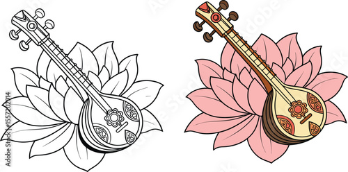 Coloring page of a veena on a lotus flower for creative projects