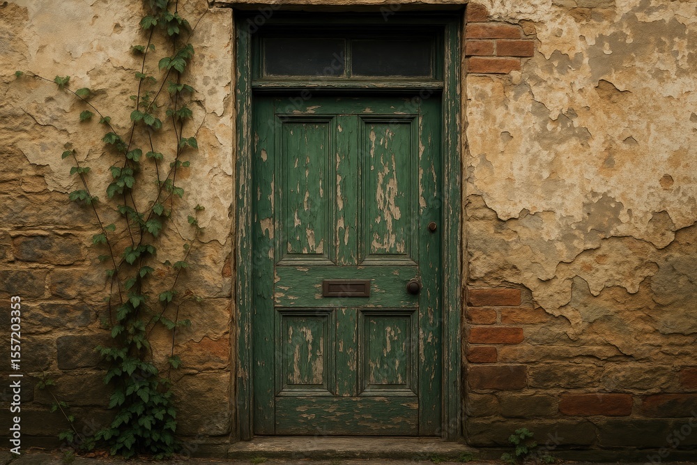 Fototapeta premium Detailed shot of a neglected green front entrance with a crumbling stone wall