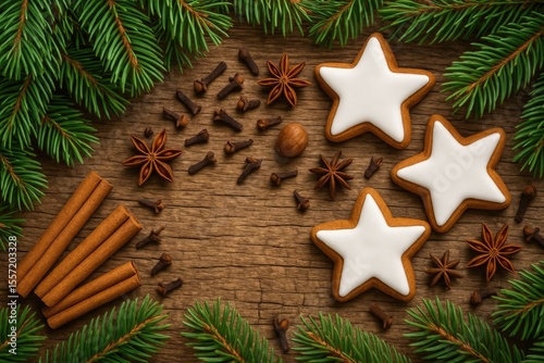 Detailed close-up of a festive holiday arrangement featuring evergreen branches, baked treats, and spices on a rustic wooden surface with cracks
