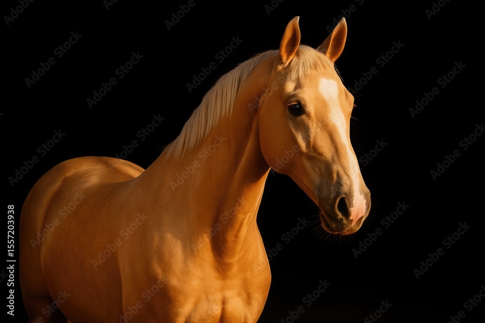 Fototapeta premium Elegant depiction of a beautiful palomino isabelline warmblood horse against a dark backdrop