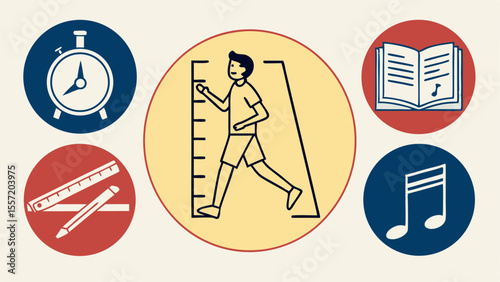 Illustration showing stopwatch, ruler and pencil, person running, open book and music note icons on circles