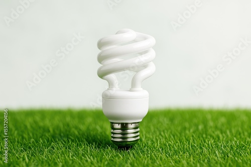 Eco-friendly LED bulb resting on lush grass against a bright backdrop