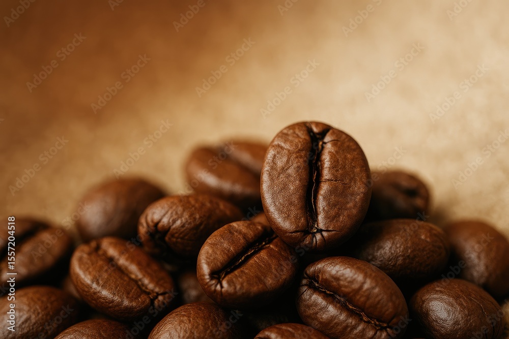 Naklejka premium Detailed view of roasted coffee beans against a warm-toned backdrop with a focus on a specific section.