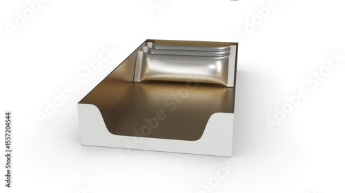 Realistic display box mockup is gradually filled with silver sachets. 3d animation on white background