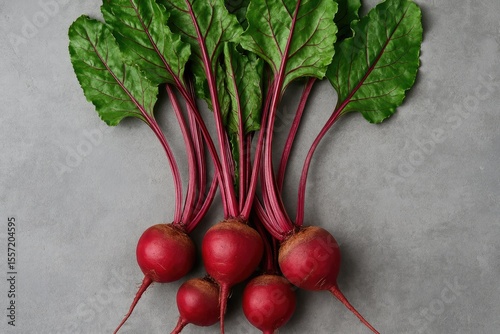 Newly harvested beets with stems displayed on a gray concrete surface