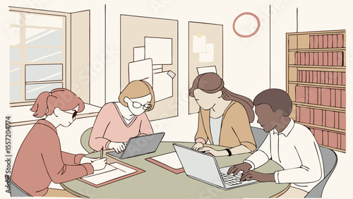 Four people sitting around a table working on laptops and writing in a room with a bookshelf and window