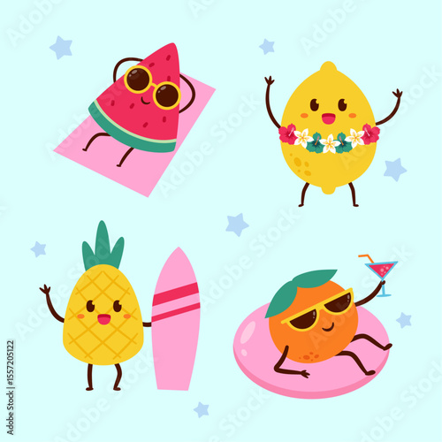 Cute summer fruit character set illustration