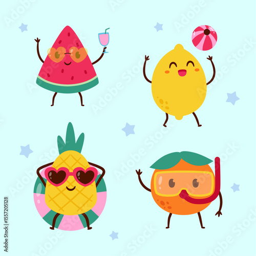 Cute summer fruit character set illustration