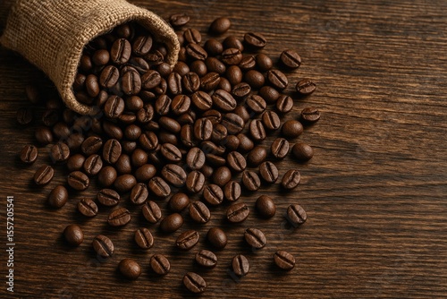 Detailed view of coffee beans scattered on a wooden surface from a tiny bag photo