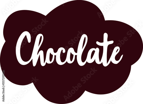 Handwritten word chocolate in white on a dark brown cloud shape isolated on white background