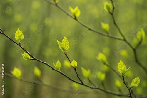 Detailed shot of vibrant green foliage emerging on tree limbs during early spring, representing fresh growth and the onset of warmer seasons.