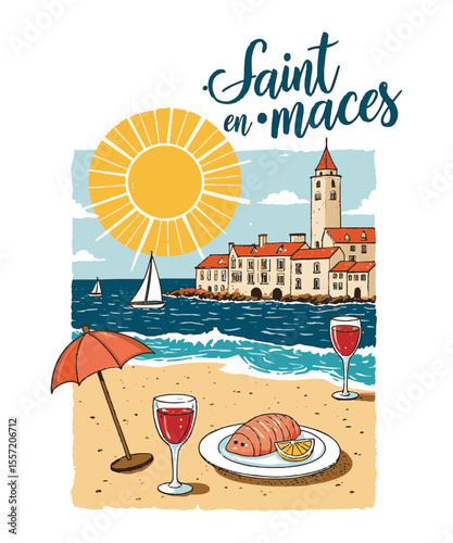 Vector illustration capturing a sunny seaside vacation scene inspired by the Saint-Malo t-shirt print, a coastal village with red-roofed houses and a tower, beachside umbrella, easily editable.