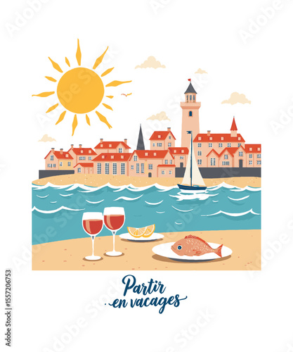 Vector illustration capturing a sunny seaside vacation scene inspired by the Saint-Malo t-shirt print, a coastal village with red-roofed houses and a tower, beachside umbrella, easily editable.