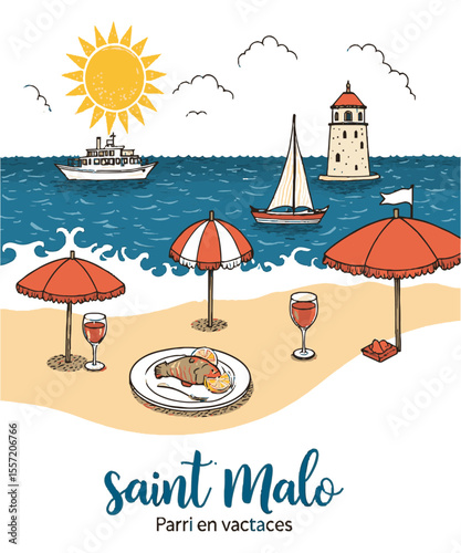 Vector illustration capturing a sunny seaside vacation scene inspired by the Saint-Malo t-shirt print, a coastal village with red-roofed houses and a tower, beachside umbrella, easily editable.