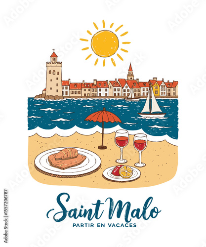 Vector illustration capturing a sunny seaside vacation scene inspired by the Saint-Malo t-shirt print, a coastal village with red-roofed houses and a tower, beachside umbrella, easily editable.