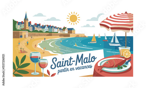 Vector illustration capturing a sunny seaside vacation scene inspired by the Saint-Malo t-shirt print, a coastal village with red-roofed houses and a tower, beachside umbrella, easily editable.