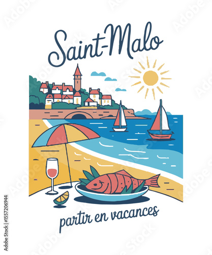 Vector illustration capturing a sunny seaside vacation scene inspired by the Saint-Malo t-shirt print, a coastal village with red-roofed houses and a tower, beachside umbrella, easily editable.