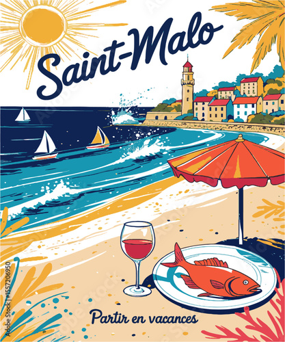 Vector illustration capturing a sunny seaside vacation scene inspired by the Saint-Malo t-shirt print, a coastal village with red-roofed houses and a tower, beachside umbrella, easily editable.