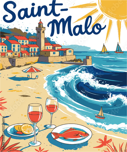 Vector illustration capturing a sunny seaside vacation scene inspired by the Saint-Malo t-shirt print, a coastal village with red-roofed houses and a tower, beachside umbrella, easily editable.