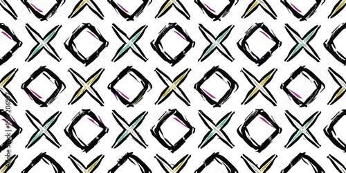 Geometric Pattern: A playful array of geometric shapes in a repeating pattern, each element a hand-drawn, textured form, creating an artistic effect