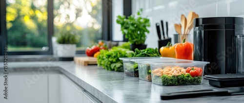 Kitchen counter with fresh vegetables and food storage containers