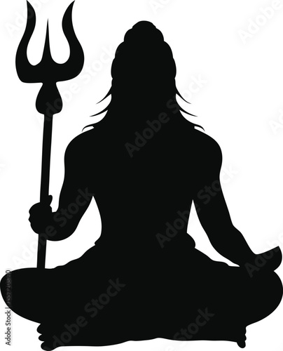 Silhouette of Lord Shiva in Meditation Holding Trishul on a White Background