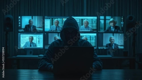 Hacker targeting senior citizens via online video scam. Criminal uses laptop to access multiple video feeds of elderly people.  Cybercrime scene depicts fraud targeting vulnerable population.
