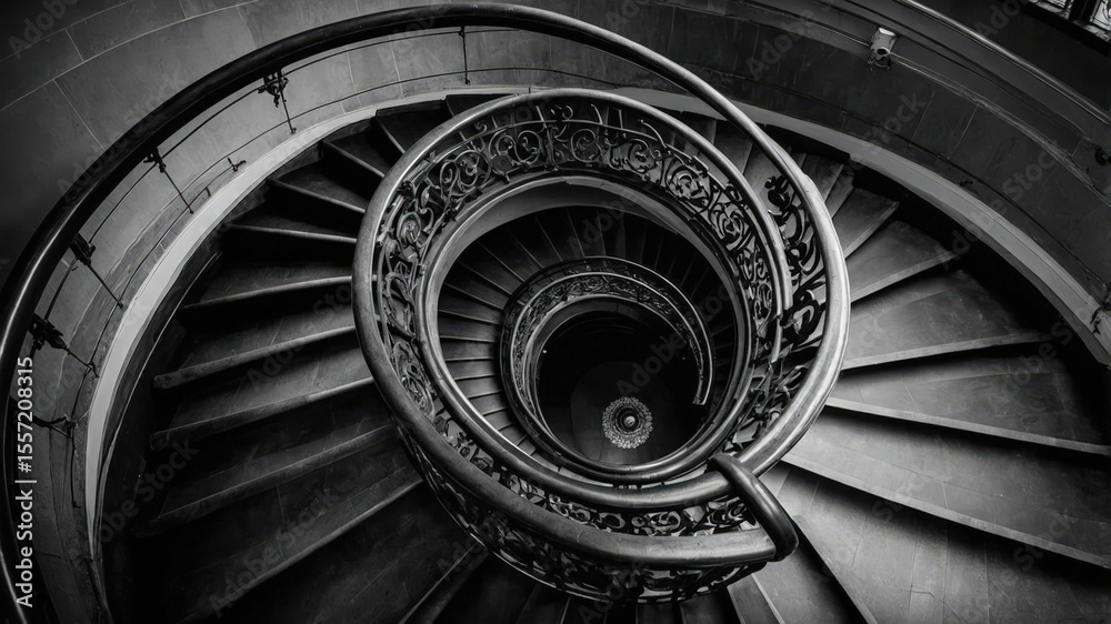 Fototapeta premium Vintage spiral staircase in dramatic black and white with ornate wrought iron railing, abstract architectural perspective from above showcasing intricate details, flowing curves, symmetry and timeless