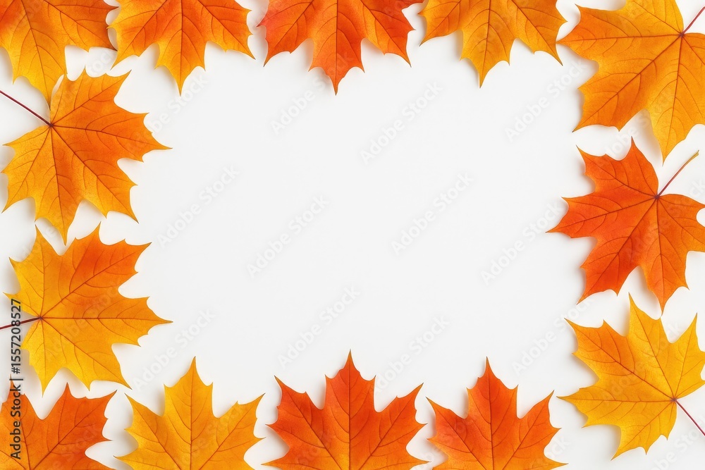Fototapeta premium Autumn-themed border featuring maple leaves with empty space on a white backdrop
