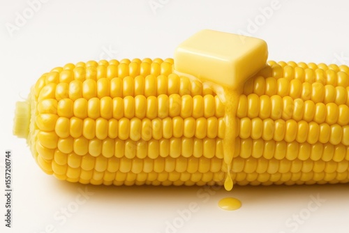 Detailed view of a fresh corn ear with creamy butter on top, set against a white background in landscape orientation