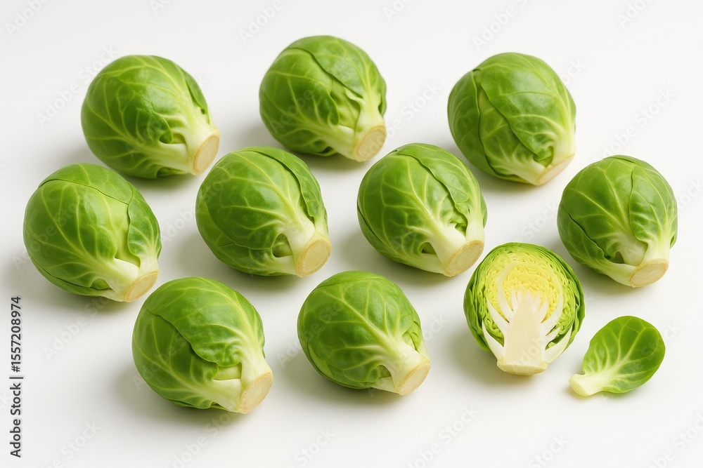 Fototapeta premium Vivid photo of fresh Brussels sprouts against a plain white backdrop