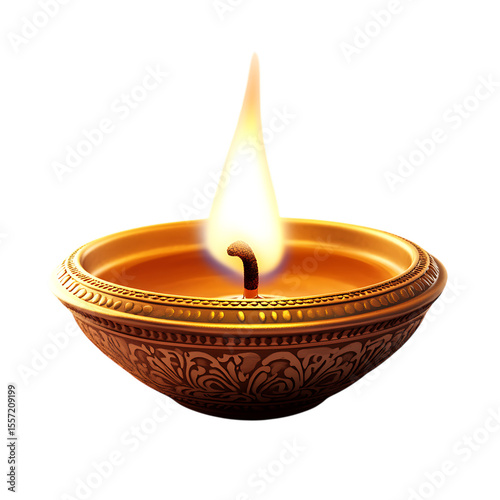 A glowing diya lamp with flame on black background