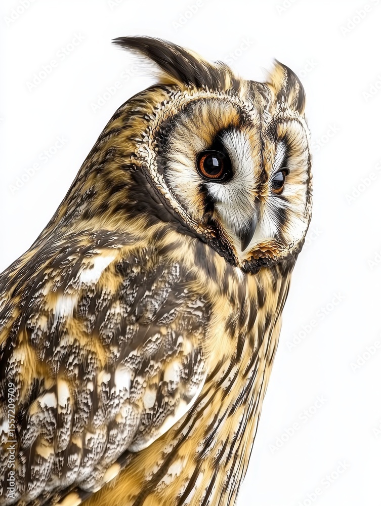 Obraz premium Long-eared Owl Close-up on White Background