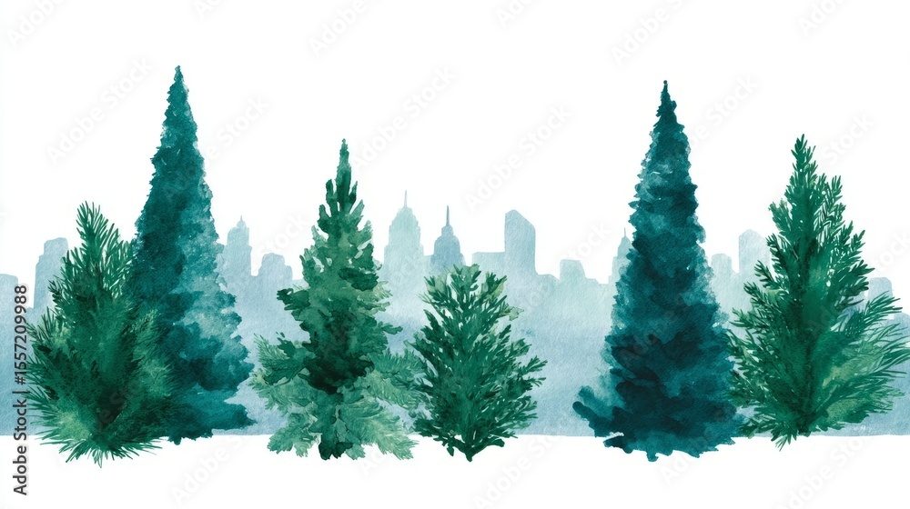 Fototapeta premium Serenely standing evergreen sentinels whisper winter tales, evoking Arbor Day dreams and Yule celebrations amid urban shadows