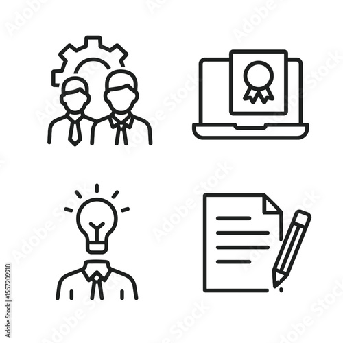 Business skills concept features teamwork, certification, innovation, and contract signing in a clean, minimalist style.