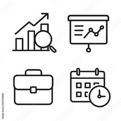 Business themed icons depicting growth charts, presentations, a briefcase, and a scheduled appointment on a calendar.