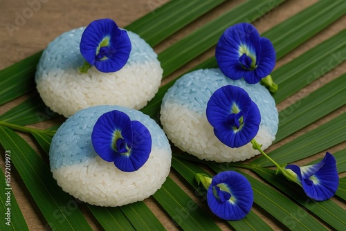 Elegant two-tone rice cakes decorated with bright blue pea flowers resting on palm leaves in a soothing culinary display.