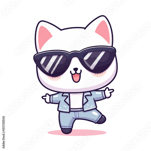 Funny black cartoon cat with a cute hipster style and playful expression