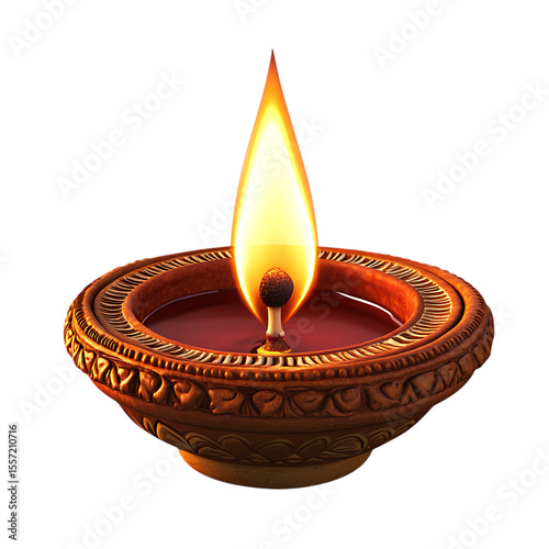 Illuminated diya lamp with flame on black background