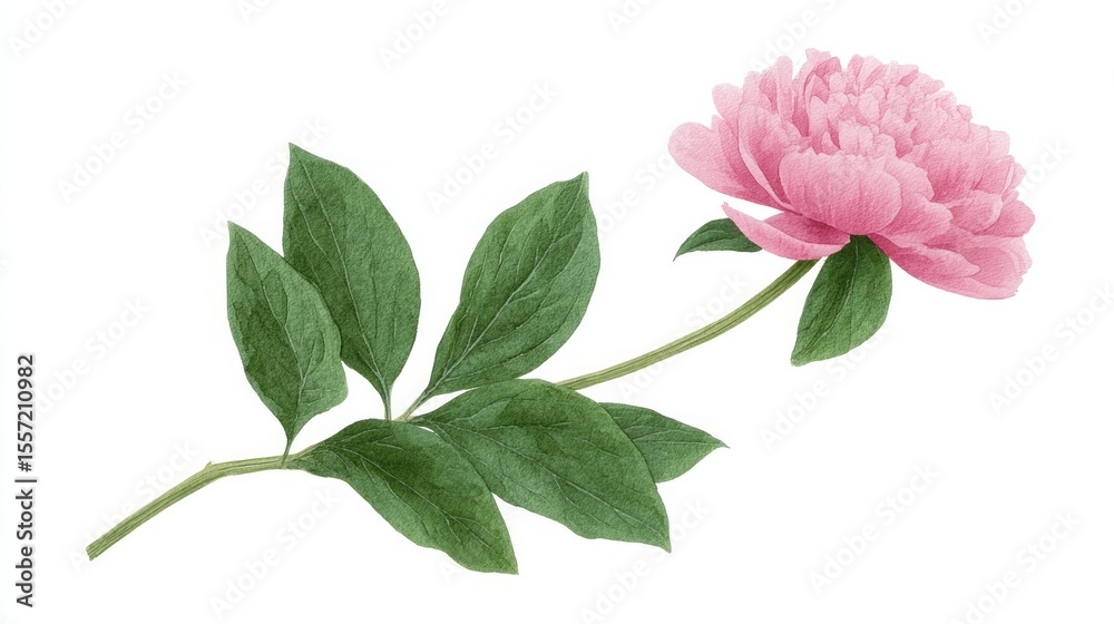 Obraz premium A delicate pink peony blossom dances alongside emerald leaves, evoking Hanami celebrations and Victorian floriography whispers