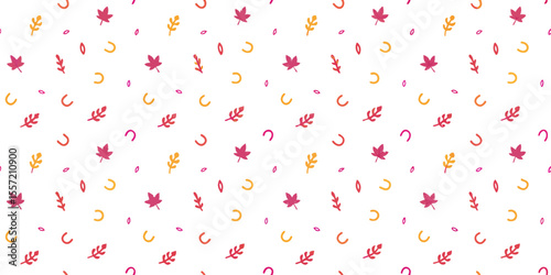 Autumn Leaves and Horseshoes Pattern: A cheerful autumn-themed seamless pattern featuring scattered maple leaves and horseshoes in warm, autumnal colors. Perfect for crafting and design projects.