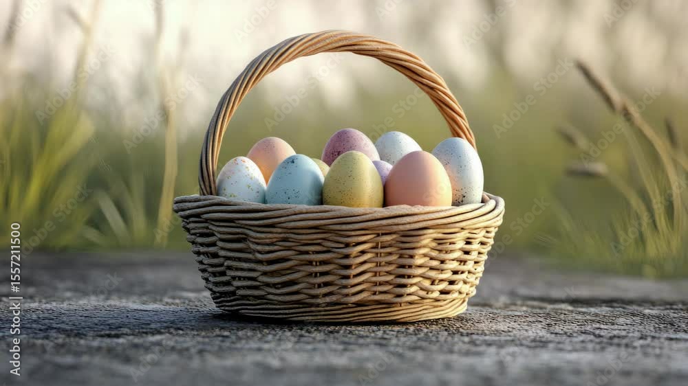 A colorful Easter basket filled with decorated hard boiled eggs, set against a natural outdoor background