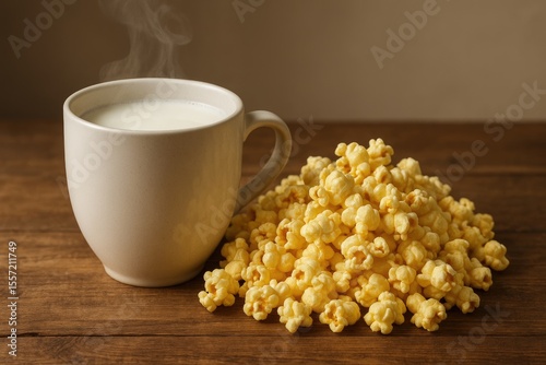 Close-up of a popcorn cup and a milk mug on a wooden surface, ideal breakfast for a great beginning