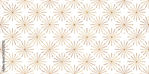 Radiant Geometric Pattern: A repeating geometric pattern features radiant, star-like elements. These elements radiate outwards from a central point, showcasing intricate details.