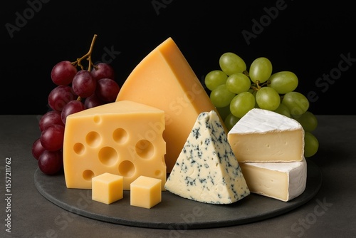 Varieties of cheese and grapes displayed on a grey surface with a dark backdrop