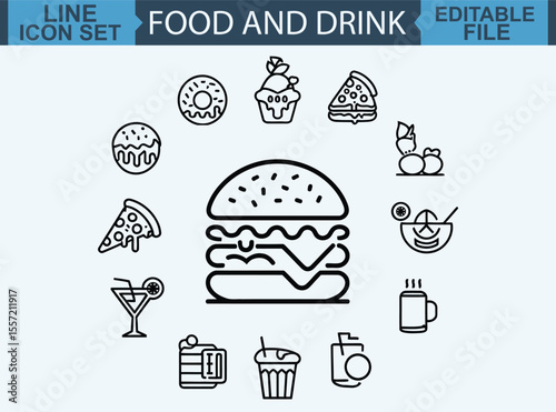 Minimalist food icons, black and white line drawings, café and bakery items, croissant, potted plant, milk bottle, drink cup, bowl, cocktail glass, hot dog, coffee cup, baguette, to-go cup, mug 
