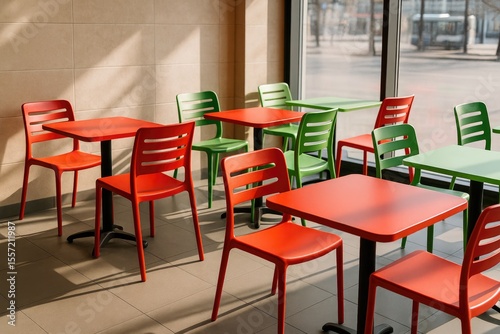 Interior scene featuring colorful tables and plastic chairs in a vibrant cafe setting